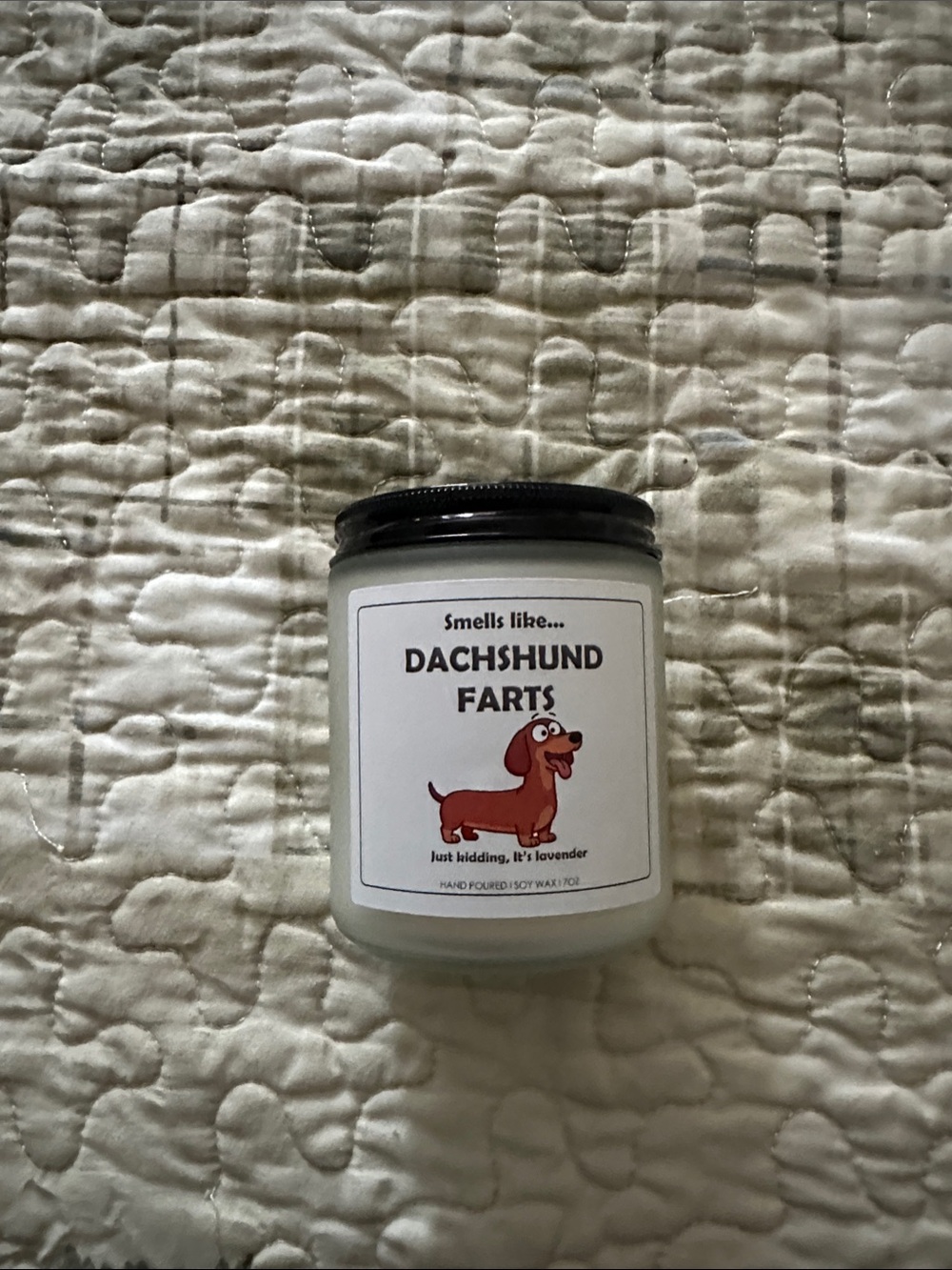 Hand Crafted Dachshund Farts Lavender Candle - White with Black Lid